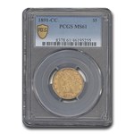 1891-CC $5 Liberty Gold Half Eagle MS-61 PCGS