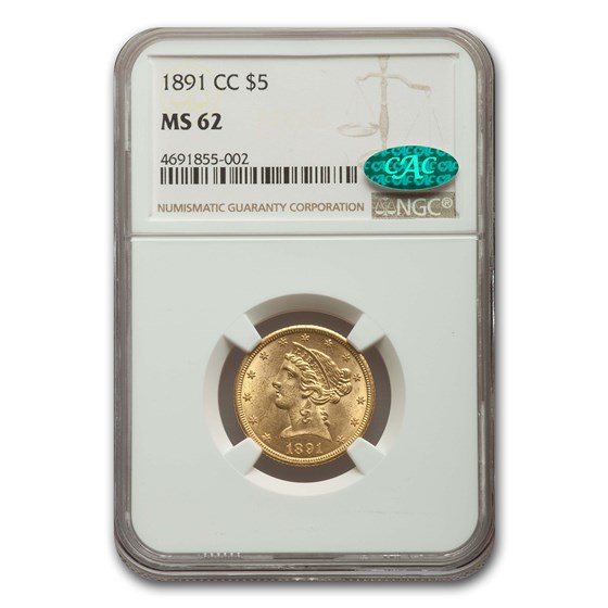 1891-CC $5 Liberty Gold Half Eagle MS-62 NGC CAC 1891-CC $5 Liberty Gold Half Eagle MS-62 NGC CAC