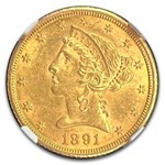 1891-CC $5 Liberty Gold Half Eagle MS-62 NGC