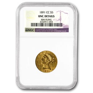 1891-CC $5 Liberty Gold Half Eagle Unc Detail NGC (Rim Dmg) 1891-CC $5 Liberty Gold Half Eagle Unc Detail NGC (Rim Dmg)