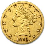 1891-CC $5 Liberty Gold Half Eagle VF Details (Cleaned)