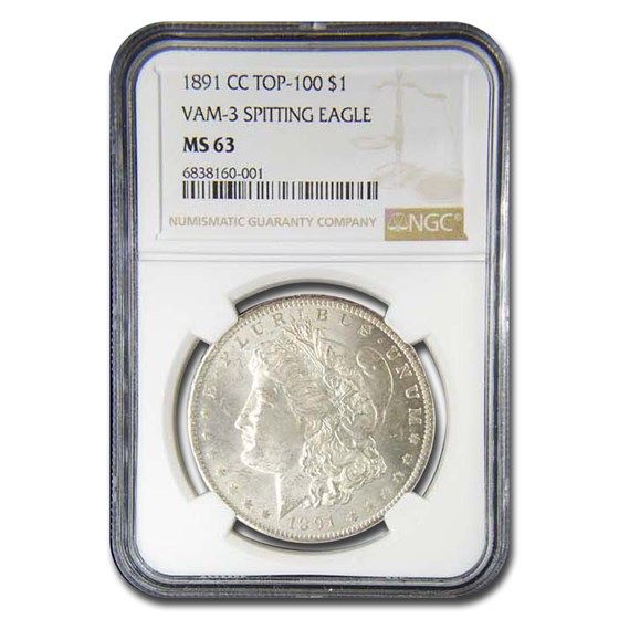 1891-CC Morgan Dollar MS-63 NGC (VAM-3, Spitting Eagle, Top-100) 1891-CC Morgan Dollar MS-63 NGC (VAM-3, Spitting Eagle, Top-100)