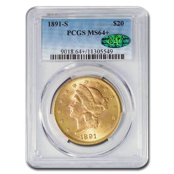 1891-S $20 Liberty Gold Double Eagle MS-64+ PCGS CAC 1891-S $20 Liberty Gold Double Eagle MS-64+ PCGS CAC
