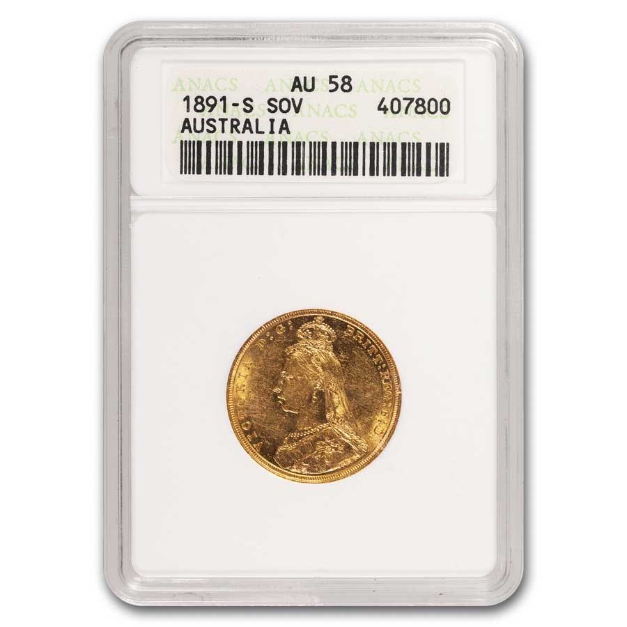1891-S Australia Gold Sovereign Victoria Jubilee AU-58 ANACS