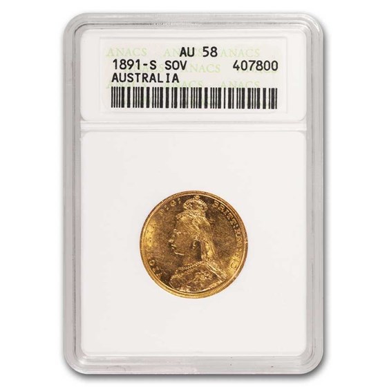 1891-S Australia Gold Sovereign Victoria Jubilee AU-58 ANACS 1891-S Australia Gold Sovereign Victoria Jubilee AU-58 ANACS