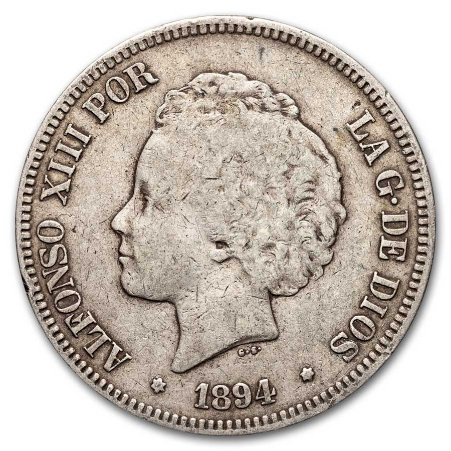 1892-1894 Spain Silver 5 Pesetas Alfonso XIII Avg Circ