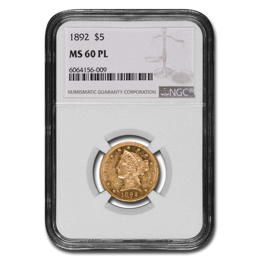 1892 $5 Liberty Gold Half Eagle MS-60 NGC (PL)