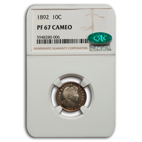 1892 Barber Dime PF-67 Cameo NGC CAC 1892 Barber Dime PF-67 Cameo NGC CAC