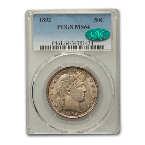 1892 Barber Half Dollar MS-64 PCGS CAC 1892 Barber Half Dollar MS-64 PCGS CAC