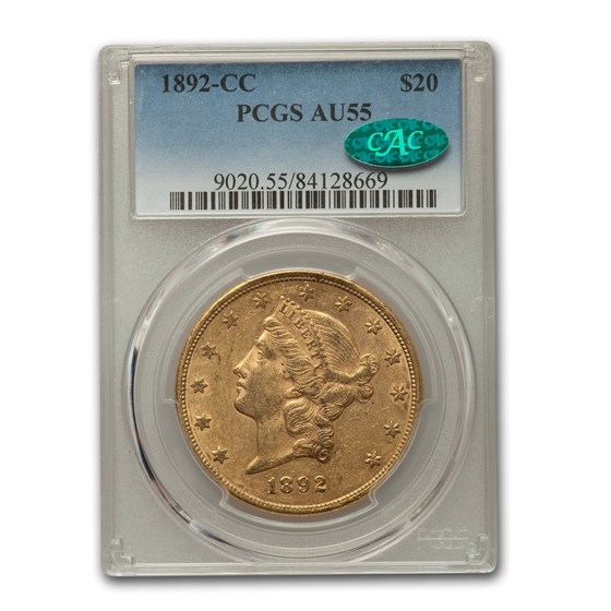 1892-CC $20 Liberty Gold Double Eagle AU-55 PCGS CAC 1892-CC $20 Liberty Gold Double Eagle AU-55 PCGS CAC