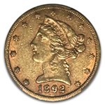 1892-CC $5 Liberty Gold Half Eagle AU-53 CACG