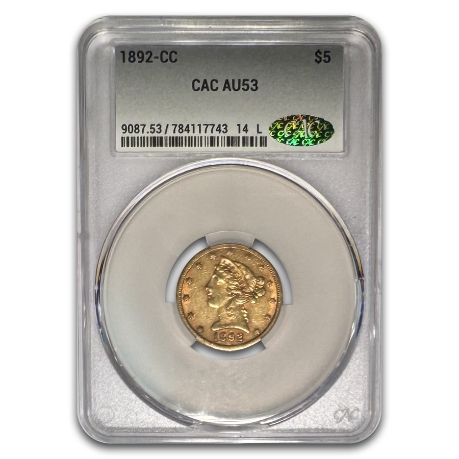 1892-CC $5 Liberty Gold Half Eagle AU-53 CACG