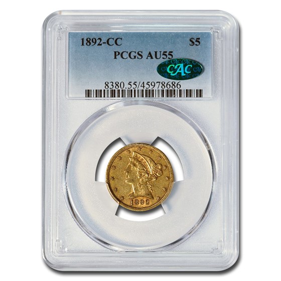 1892-CC $5 Liberty Gold Half Eagle AU-55 PCGS CAC 1892-CC $5 Liberty Gold Half Eagle AU-55 PCGS CAC
