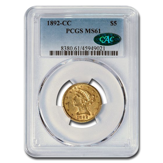 1892-CC $5 Liberty Gold Half Eagle MS-61 PCGS CAC 1892-CC $5 Liberty Gold Half Eagle MS-61 PCGS CAC