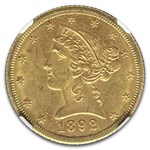 1892-CC $5 Liberty Gold Half Eagle MS-62 NGC CAC