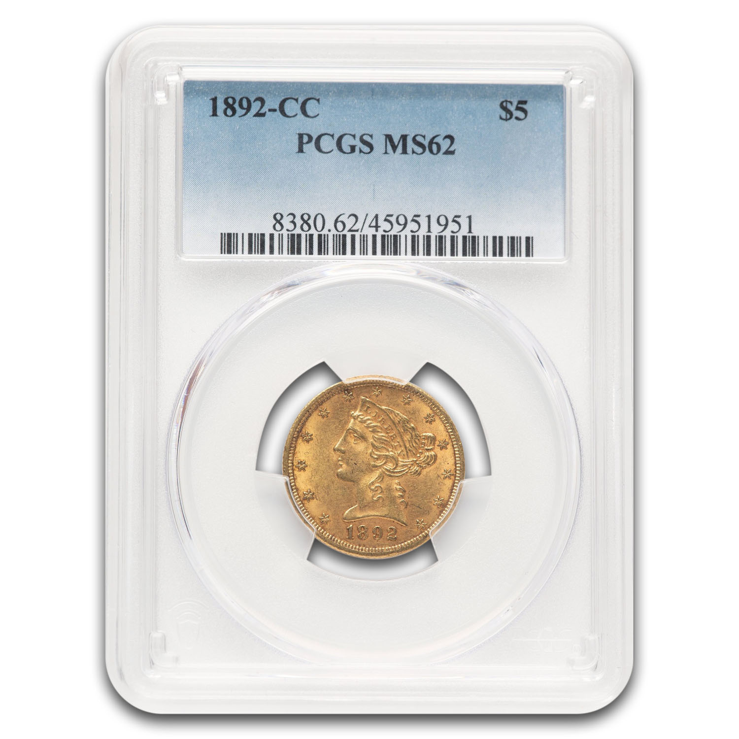 1892-CC $5 Liberty Gold Half Eagle MS-62 PCGS