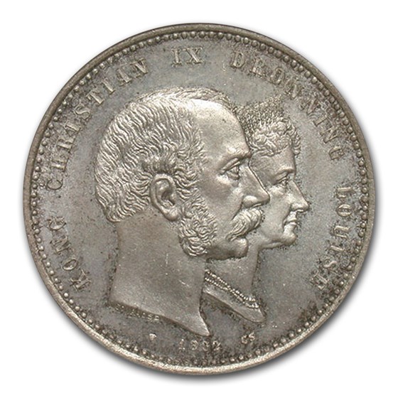 1892 Denmark Silver 2 Kroner Golden Wedding Anniv MS-65 NGC 1892 Denmark Silver 2 Kroner Golden Wedding Anniv MS-65 NGC