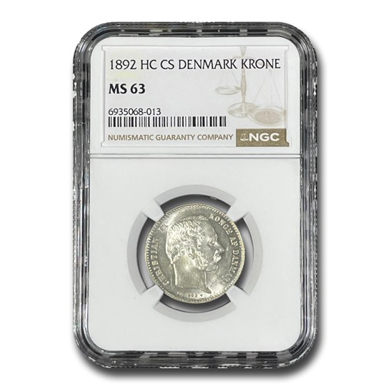1892 Denmark Silver Krone Christian IX MS-63 NGC