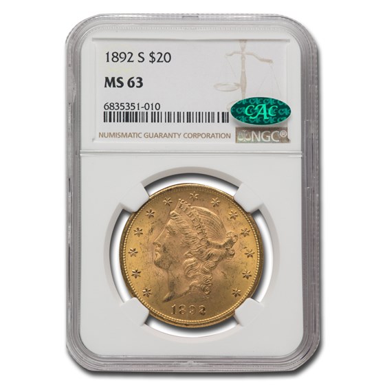 1892-S $20 Liberty Gold Double Eagle MS-63 NGC CAC 1892-S $20 Liberty Gold Double Eagle MS-63 NGC CAC