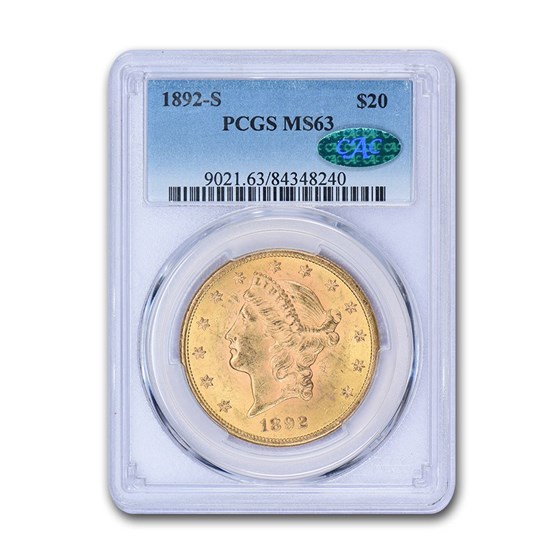 1892-S $20 Liberty Gold Double Eagle MS-63 PCGS CAC 1892-S $20 Liberty Gold Double Eagle MS-63 PCGS CAC