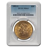 1892-S $20 Liberty Gold Double Eagle MS-63 PCGS