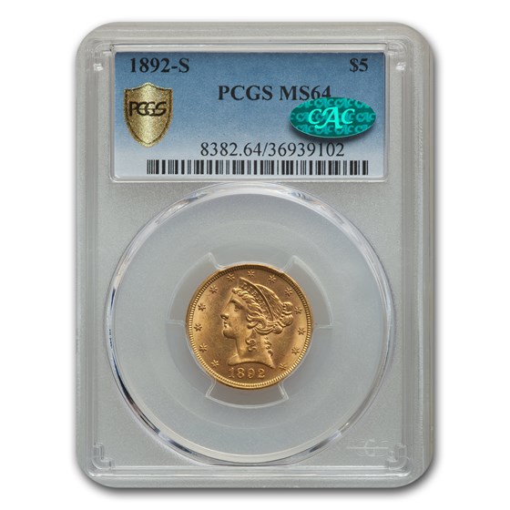 1892-S $5 Liberty Gold Half Eagle MS-64 PCGS CAC 1892-S $5 Liberty Gold Half Eagle MS-64 PCGS CAC
