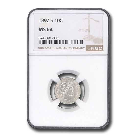1892-S Barber Dime MS-64 NGC
