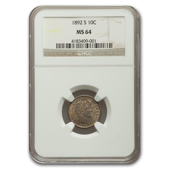 1892-S Barber Dime MS-64 NGC 1892-S Barber Dime MS-64 NGC