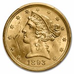 1893 $5 Liberty Gold Half Eagle MS-61 PCGS