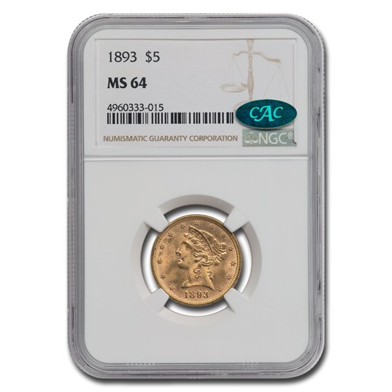 1893 $5 Liberty Gold Half Eagle MS-64 NGC CAC 1893 $5 Liberty Gold Half Eagle MS-64 NGC CAC
