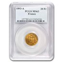 1893-A France Gold 20 Francs Angel MS-63 PCGS