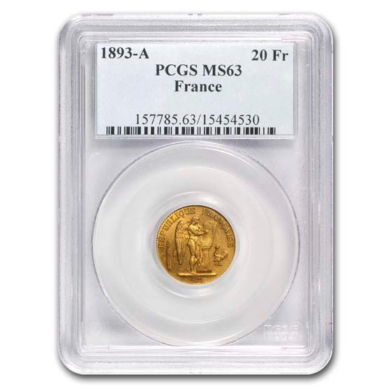 1893-A France Gold 20 Francs Angel MS-63 PCGS