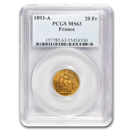 1893-A France Gold 20 Francs Angel MS-63 PCGS 1893-A France Gold 20 Francs Angel MS-63 PCGS