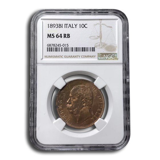 1893-BI Italy 10 Centesimi Umberto I MS-64 NGC (Red/Brown) 1893-BI Italy 10 Centesimi Umberto I MS-64 NGC (Red/Brown)