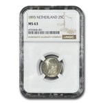 1893 Netherlands Silver 25 Cents MS-63 NGC