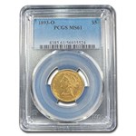 1893-O $5 Liberty Gold Half Eagle MS-61 PCGS