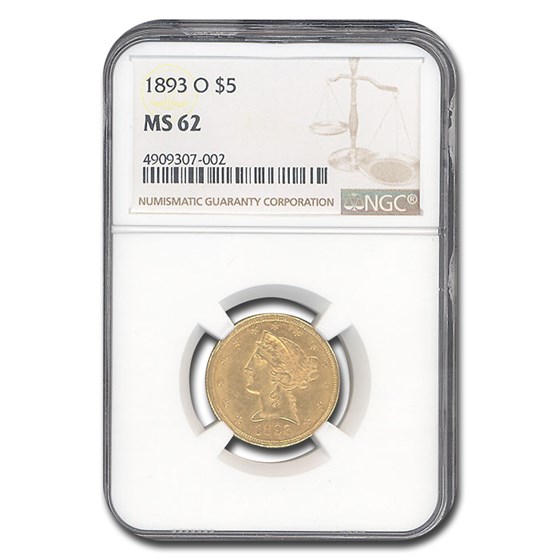 1893-O $5 Liberty Gold Half Eagle MS-62 NGC 1893-O $5 Liberty Gold Half Eagle MS-62 NGC