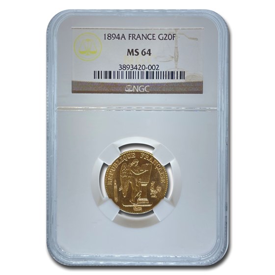 1894-A France Gold 20 Francs Angel MS-64 NGC 1894-A France Gold 20 Francs Angel MS-64 NGC
