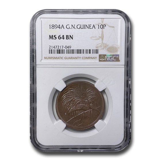 1894-A German New Guinea 10 Pfennig MS-64 NGC (Brown) 1894-A German New Guinea 10 Pfennig MS-64 NGC (Brown)