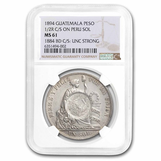 1894 Guatemala Peso Counterstamped on a Peru 1 Sol MS-61 NGC