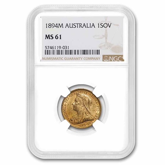 1894-M Australia Gold Sovereign Victoria Veiled Head MS-61 NGC 1894-M Australia Gold Sovereign Victoria Veiled Head MS-61 NGC