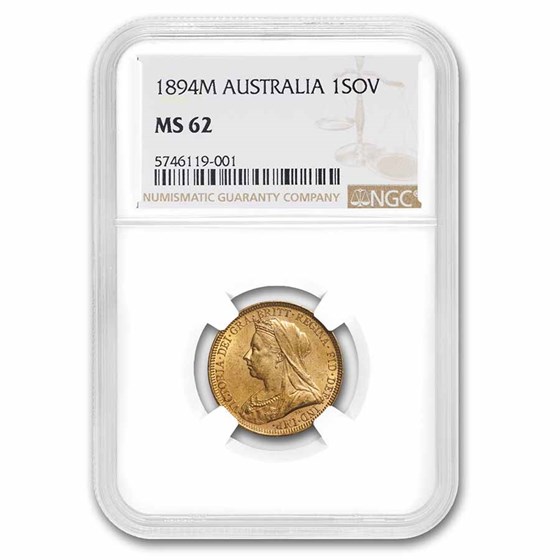1894-M Australia Gold Sovereign Victoria Veiled Head MS-62 NGC 1894-M Australia Gold Sovereign Victoria Veiled Head MS-62 NGC