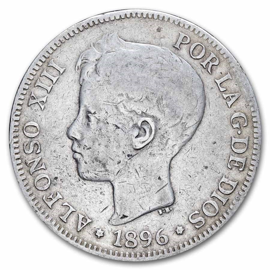 1895-1899 Spain Silver 5 Pesetas Alfonso XIII Avg Circ