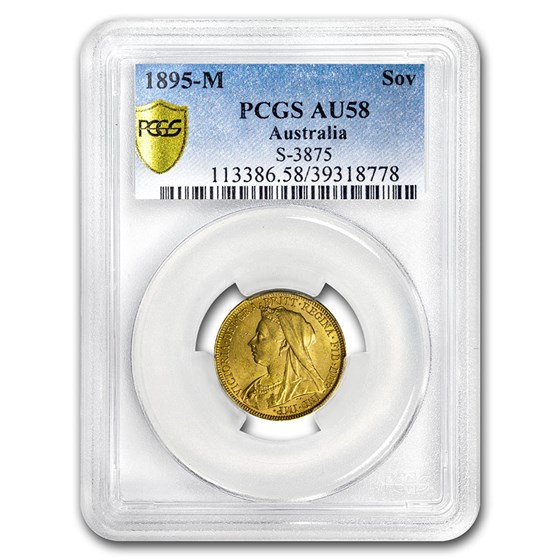 1895-M Australia Gold Sovereign Veil Head Victoria AU-58 PCGS 1895-M Australia Gold Sovereign Veil Head Victoria AU-58 PCGS
