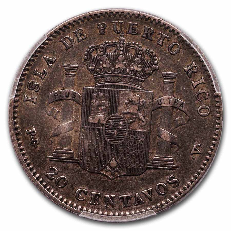 Buy 1895-PG V Puerto Rico Silver 20 Centavos Alfonso XIII XF-45
