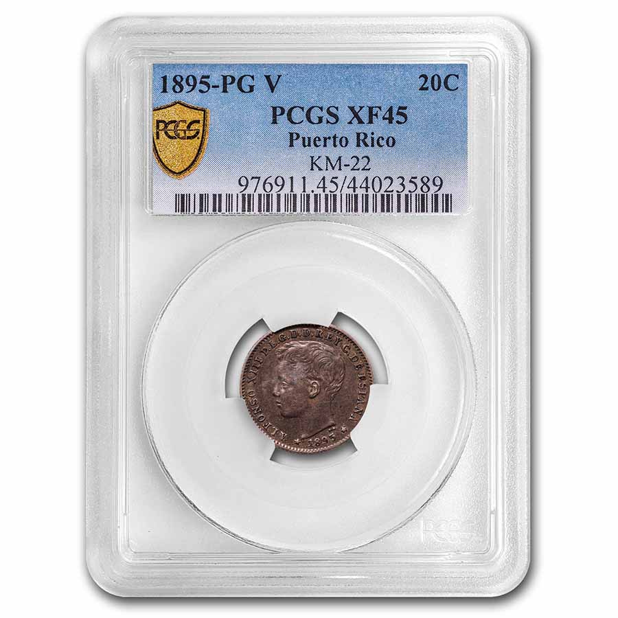 Buy 1895-PG V Puerto Rico Silver 20 Centavos Alfonso XIII XF-45
