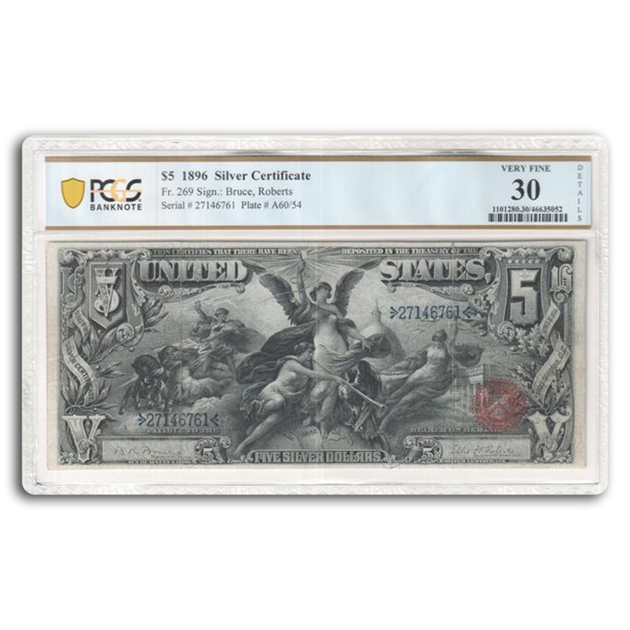 1896 $5.00 Silver Cert Educational Note VF-30 PCGS(Fr#269) Detail