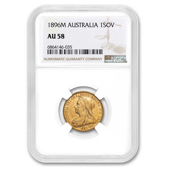 1896-M Australia Gold Sovereign Victoria Veiled Head AU-58 NGC 1896-M Australia Gold Sovereign Victoria Veiled Head AU-58 NGC