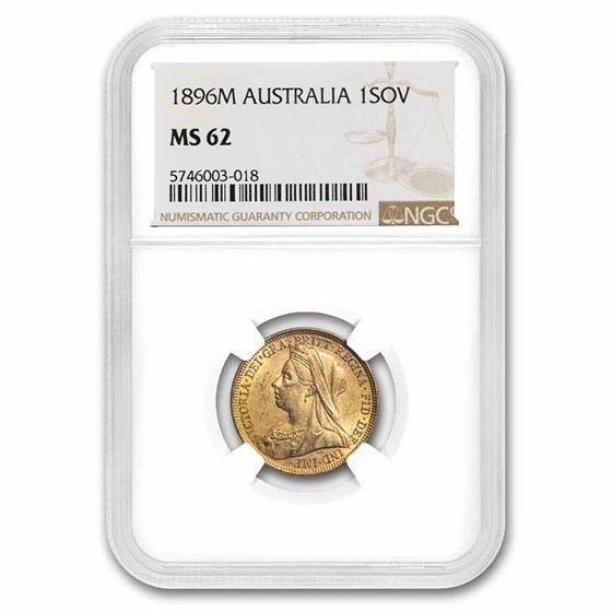 1896-M Australia Gold Sovereign Victoria Veiled Head MS-62 NGC 1896-M Australia Gold Sovereign Victoria Veiled Head MS-62 NGC