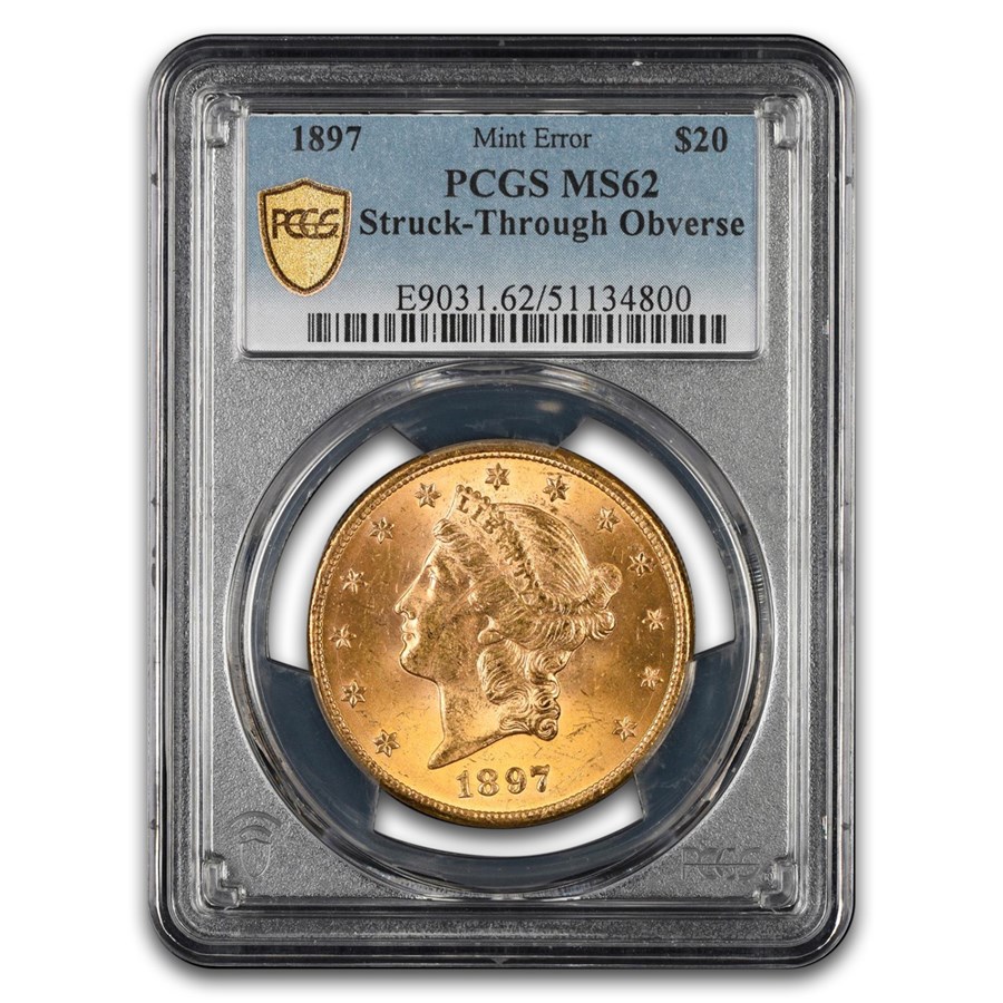 1897 $20 Liberty Gold Double Eagle MS-62 PCGS (Error Struck Thru)
